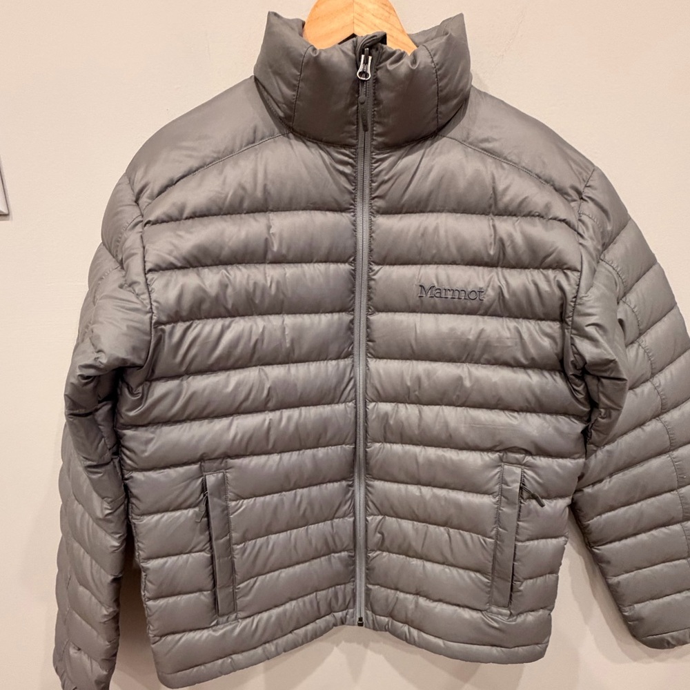 Marmot Zeus 700 Fill‎ Down Jacket Gray Full Zip Packable Men’s Small NWOT